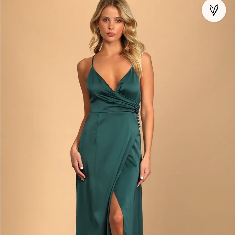 Lulus Teal Green Satin Surplice Maxi Dress (XL)